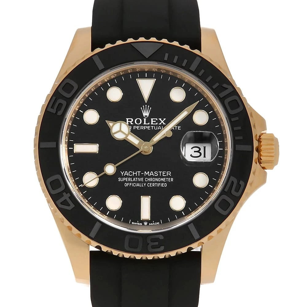 ROLEX YACHT MASTER BLACK WATCH: ROLEX Yacht Master black Watch Brand: ROLEX Type: Wrist watch Material: Band Material rubber, Case Material Yellow Gold Color: Dial Color Black Size: Band Size 18cm (7.1inch), Case Size