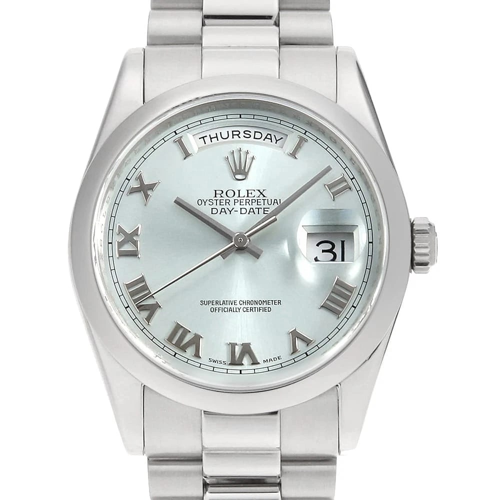 ROLEX DAY ICE BLUE ROME WATCH: ROLEX Day Ice blue Rome Watch Brand: ROLEX Type: Wrist watch Material: Band Material Platinum, Case Material Platinum Color: Dial Color Ice Blue Size: Band Size 18cm (7.1inch), Case Size