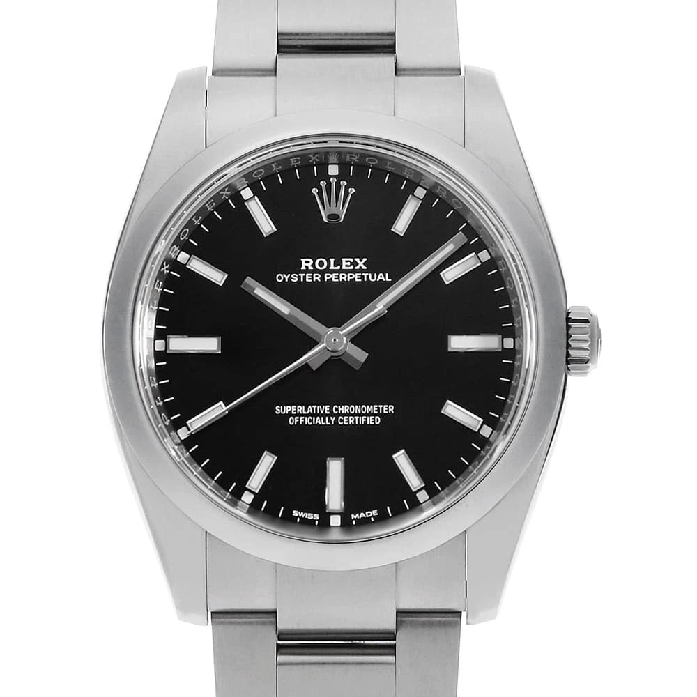 ROLEX OYSTER PERPETUAL BLACK WATCH: ROLEX Oyster perpetual black Watch Brand: ROLEX Type: Wrist watch Material: Band Material Stainless Steel, Case Material Stainless Steel Color: Dial Color Black Size: Band Size 18cm (7.1inch),