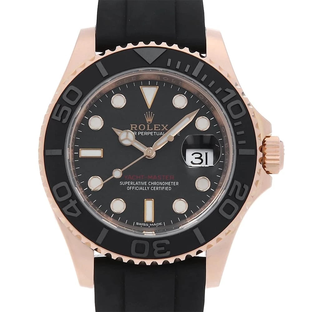 ROLEX YACHT MASTER BLACK WATCH: ROLEX Yacht master black Watch Brand: ROLEX Type: Wrist watch Material: Band Material rubber, Case Material Everose Gold Color: Dial Color Black Size: Band Size 17.5cm (6.9inch), Case Size