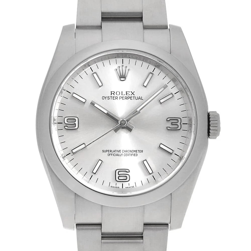 ROLEX OYSTER PERPETUAL SILVER WHITE WATCH: ROLEX Oyster Perpetual Silver white Watch Brand: ROLEX Type: Wrist watch Material: Band Material Stainless Steel, Case Material Stainless Steel Color: Dial Color Silver Size: Band Size 18.5cm