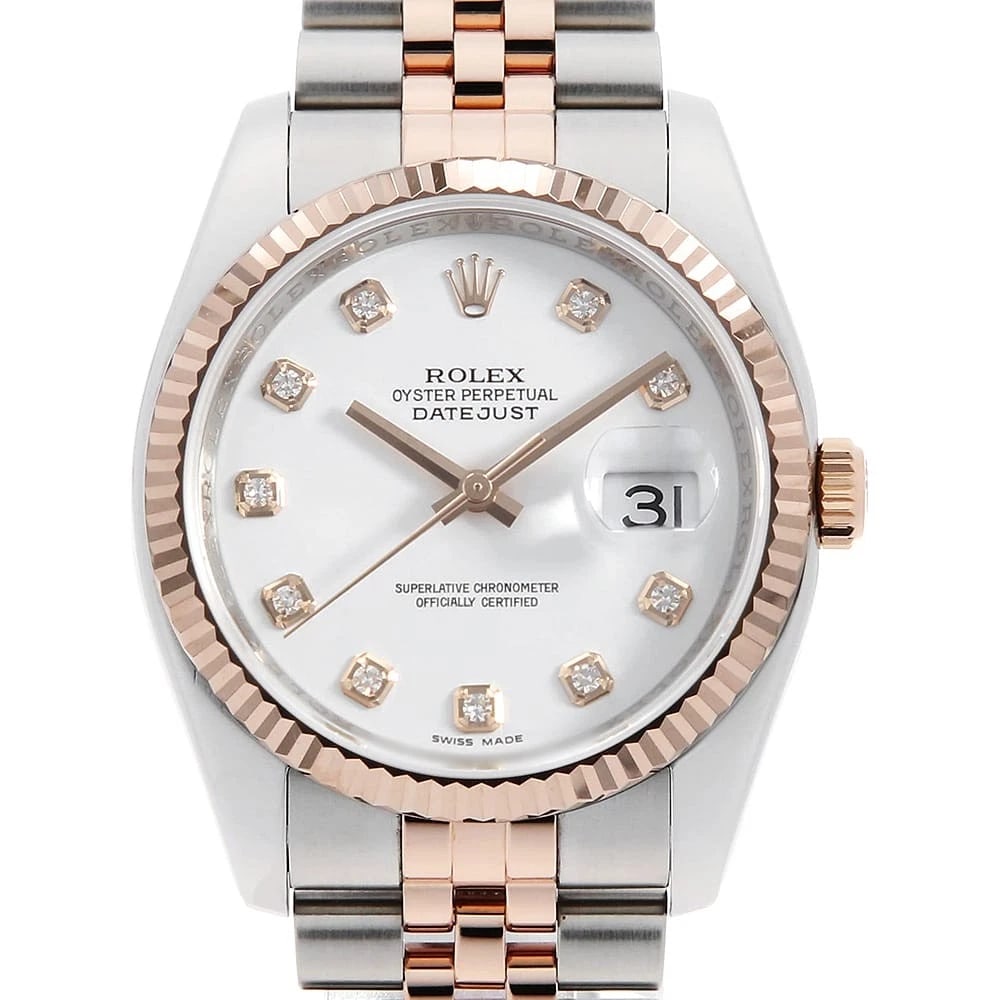 ROLEX DATEJUST DIAMOND WHITE WATCH: ROLEX Datejust Diamond white Watch Brand: ROLEX Type: Wrist watch Material: Band Material Stainless Steel/Pink Gold, Case Material Stainless Steel/Pink Gold Color: Dial Color White Size: Band