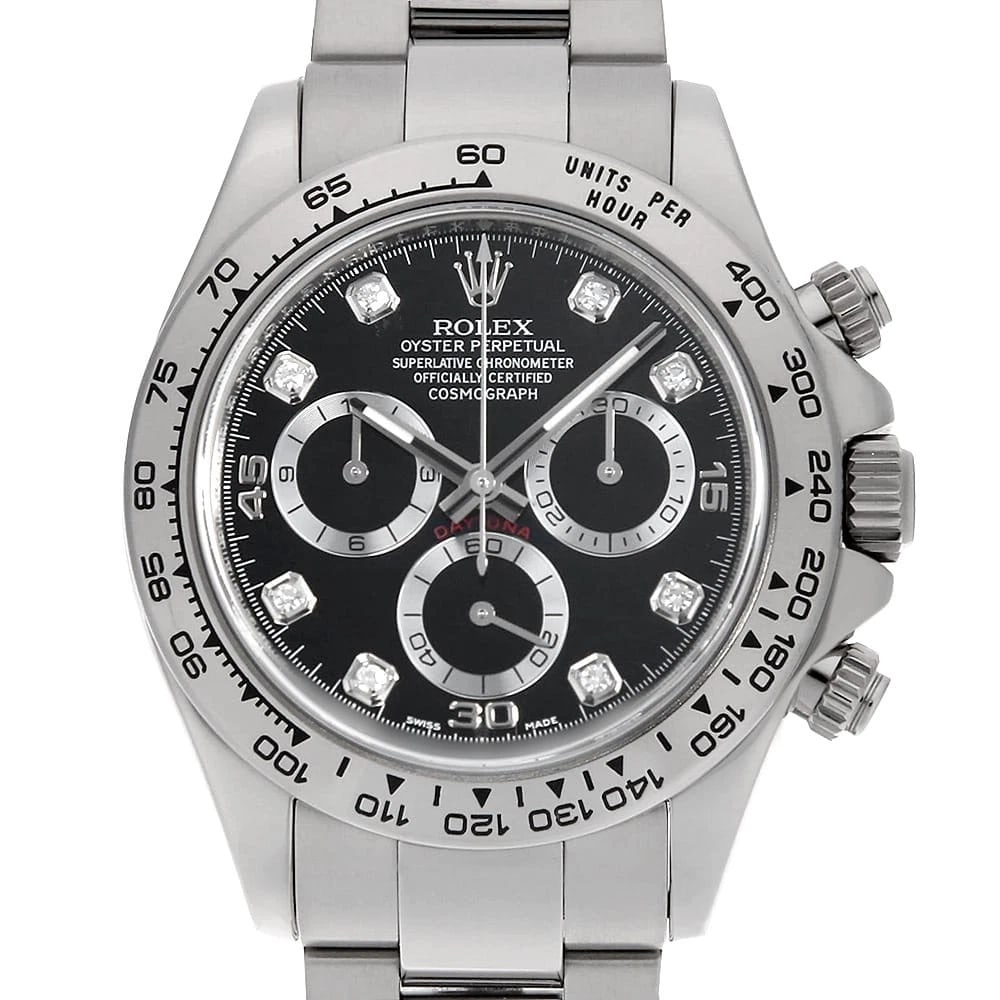 ROLEX COSMOGRAPH DAYTONA DIAMOND BLACK WATCH: ROLEX Cosmograph Daytona diamond black Watch Brand: ROLEX Type: Wrist watch Material: Band Material White Gold, Case Material White Gold Color: Dial Color Black Size: Band Size 19.5cm