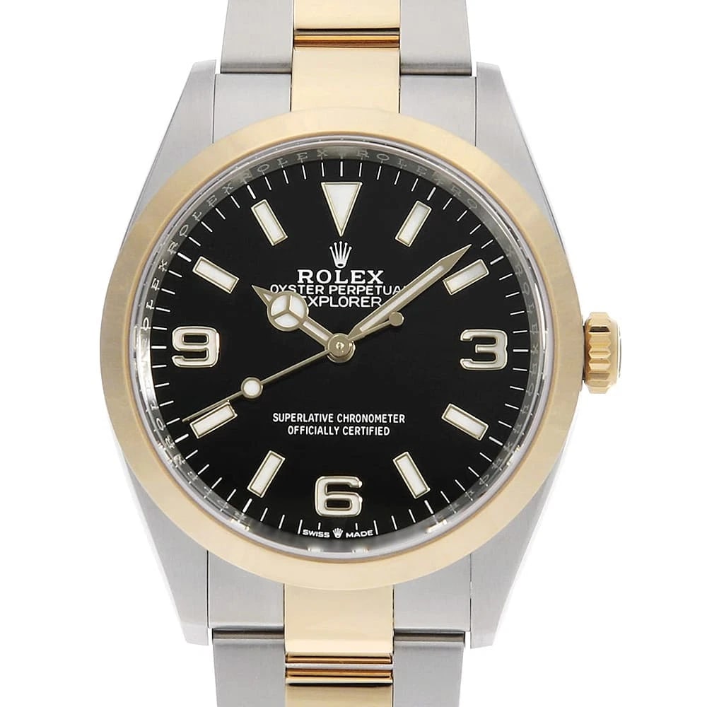 ROLEX EXPLORER BLACK WATCH: ROLEX Explorer black Watch Brand: ROLEX Type: Wrist watch Material: Band Material Stainless Steel/Yellow Gold, Case Material Stainless Steel/Yellow Gold Color: Dial Color Black Size: Band Size 19c
