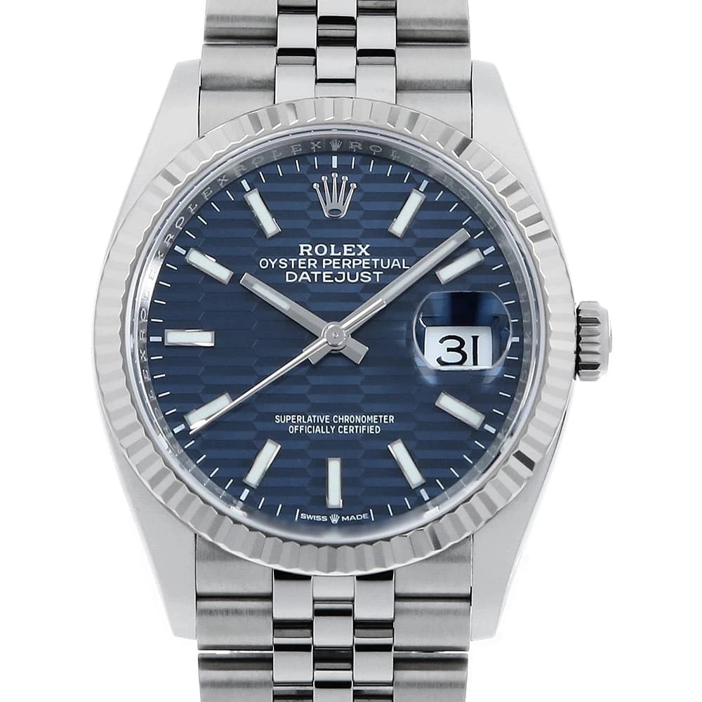 ROLEX DATEJUST BLUE FLUTED MOTIF ROW JUBILEE BRACELET WATCH: ROLEX DATEJUST blue Fluted Motif Row Jubilee Bracelet Watch Brand: ROLEX Type: Wrist watch Material: Band Material Stainless Steel, Case Material Stainless Steel/White gold Color: Dial Color