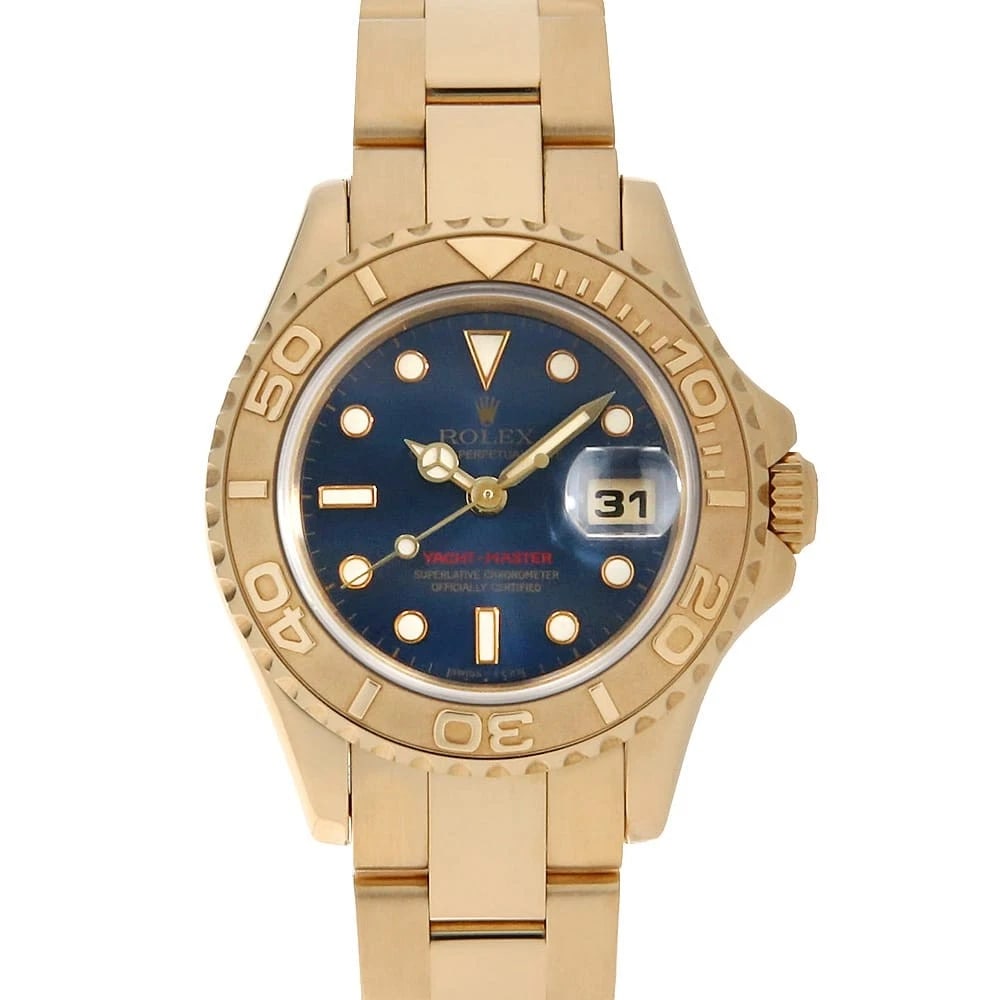 ROLEX YACHT MASTER BLUE WATCH: ROLEX Yacht master blue Watch Brand: ROLEX Type: Wrist watch Material: Band Material Yellow Gold, Case Material Yellow Gold Color: Dial Color Blue Size: Band Size 16cm (6.3inch), Case Size
