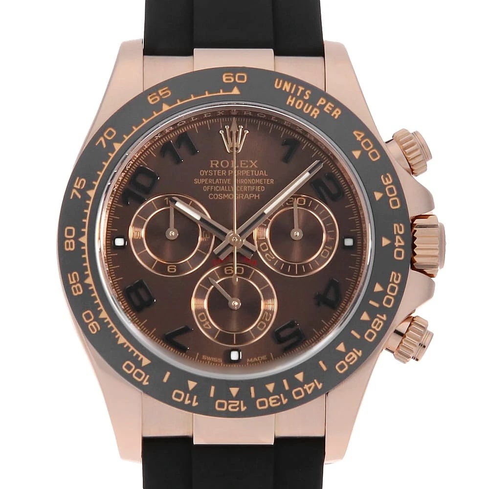 ROLEX COSMOGRAPH DAYTONA CHOCOLATE BROWN WATCH: ROLEX Cosmograph Daytona Chocolate brown Watch Brand: ROLEX Type: Wrist watch Material: Band Material rubber, Case Material Everose Gold Color: Dial Color Chocolate Brown Size: Band Size