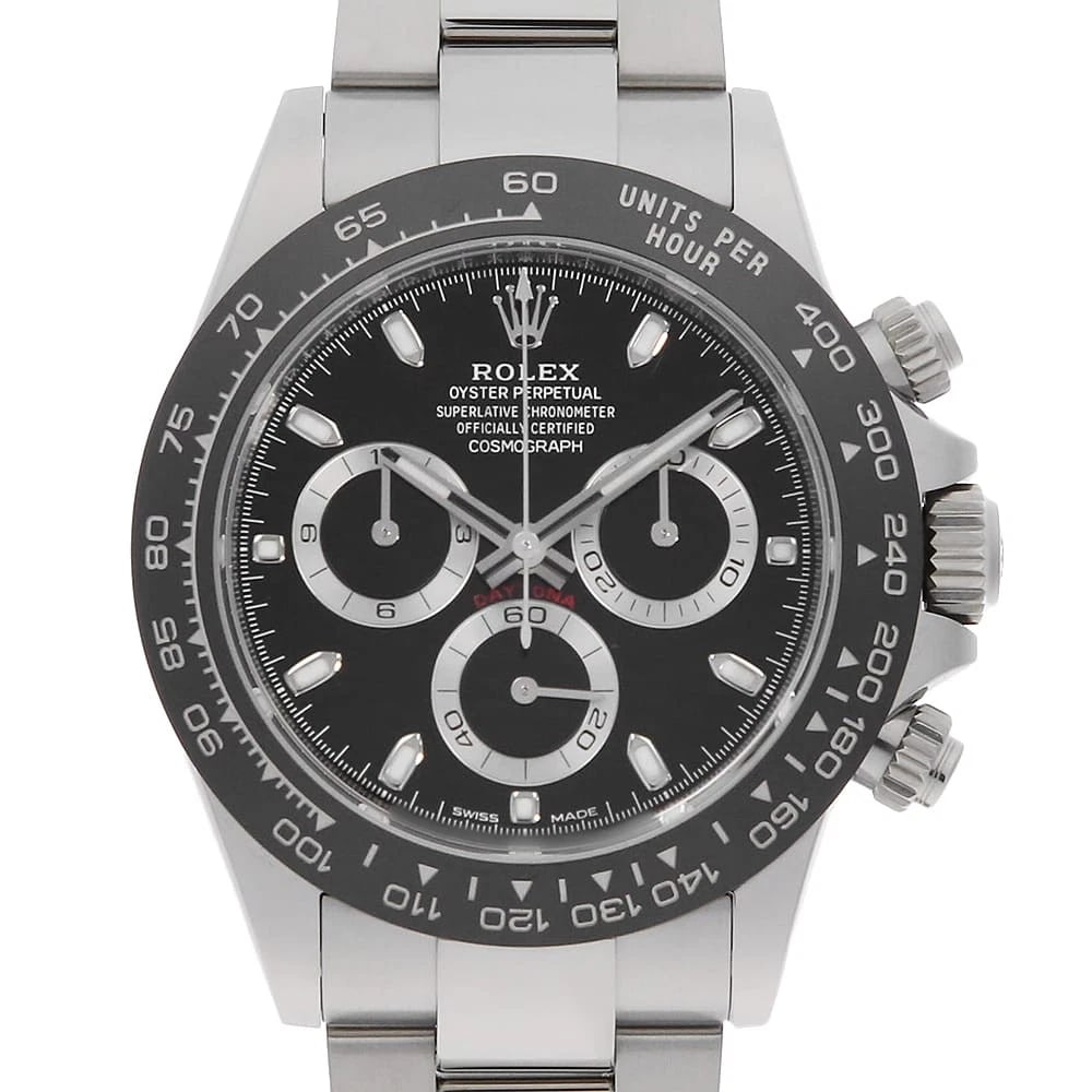 ROLEX COSMOGRAPH DAYTONA BLACK WATCH: ROLEX Cosmograph Daytona black Watch Brand: ROLEX Type: Wrist watch Material: Band Material Stainless Steel, Case Material Stainless Steel Color: Dial Color Black Size: Band Size 19.5cm