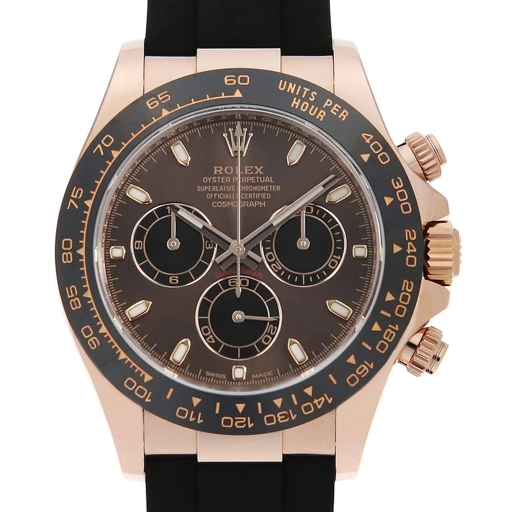 ROLEX COSMOGRAPH DAYTONA CHOCOLATE BROWN WATCH: ROLEX Cosmograph Daytona Chocolate brown Watch Brand: ROLEX Type: Wrist watch Material: Band Material rubber, Case Material Everose Gold Color: Dial Color Chocolate Brown Size: Band Size