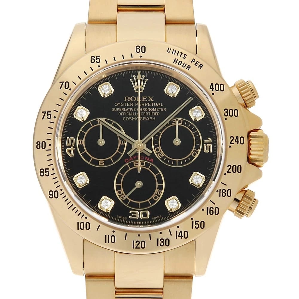 ROLEX COSMOGRAPH DAYTONA DIAMOND BLACK WATCH: ROLEX Cosmograph Daytona diamond black Watch Brand: ROLEX Type: Wrist watch Material: Band Material Yellow Gold, Case Material Yellow Gold Color: Dial Color Black Size: Band Size 18.5cm