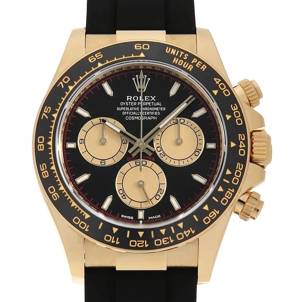 ROLEX COSMOGRAPH DAYTONA BLACK GOLD WATCH: ROLEX Cosmograph Daytona Black Gold Watch Brand: ROLEX Type: Wrist watch Material: Band Material rubber, Case Material Yellow Gold Color: Dial Color Black and Gold Size: Band Size 19cm (7.5inch),