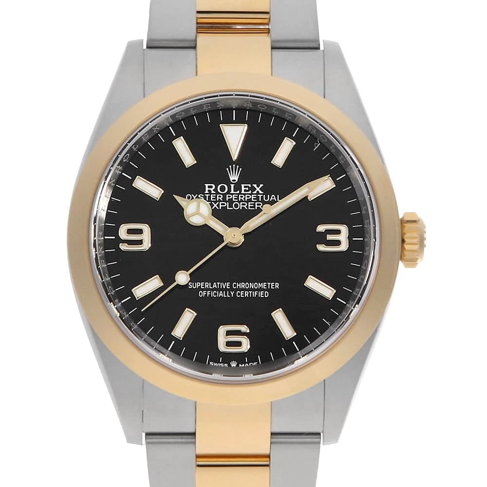 ROLEX EXPLORER BLACK WATCH: ROLEX Explorer black Watch Brand: ROLEX Type: Wrist watch Material: Band Material Stainless Steel/Yellow Gold, Case Material Stainless Steel/Yellow Gold Color: Dial Color Black Size: Band Size 19c