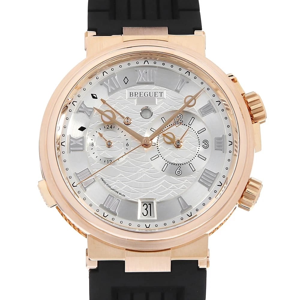 BREGUET MARINE ALARM MUSICAL WATCH: Breguet Marine alarm musical Watch Brand: Breguet Type: Wrist watch Material: Band Material rubber, Case Material Rose Gold Color: Dial Color Silver Size: Band Size NONE, Case Size Case:W40mm 