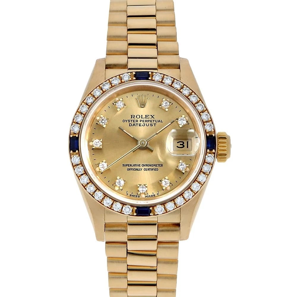 ROLEX DATEJUST BEZEL DIAMOND CHAMPAGNE WATCH: ROLEX Datejust Bezel Diamond Champagne Watch Brand: ROLEX Type: Wrist watch Material: Band Material Yellow Gold, Case Material Yellow Gold Color: Dial Color Champagne Gold Size: Band Size