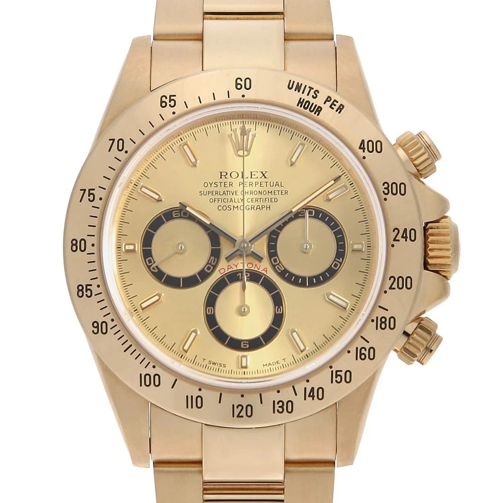 ROLEX COSMOGRAPH DAYTONA CHAMPAGNE ALL TRITIUM WATCH: ROLEX Cosmograph Daytona Champagne all tritium Watch Brand: ROLEX Type: Wrist watch Material: Band Material Yellow Gold, Case Material Yellow Gold Color: Dial Color Champagne Gold Size: Band
