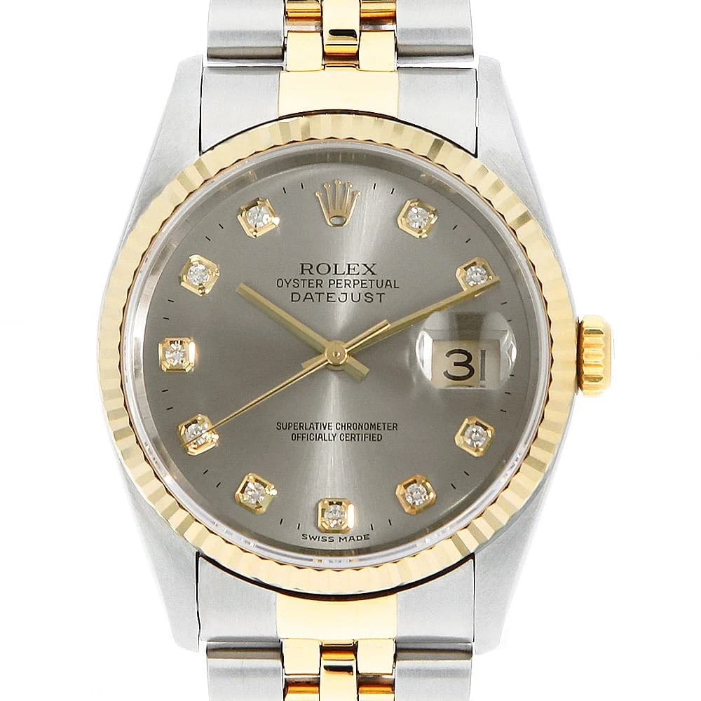 ROLEX DATEJUST DIAMOND GRAY WATCH: ROLEX Datejust Diamond gray Watch Brand: ROLEX Type: Wrist watch Material: Band Material Stainless Steel/Yellow Gold, Case Material Stainless Steel/Yellow Gold Color: Dial Color Gray Size: