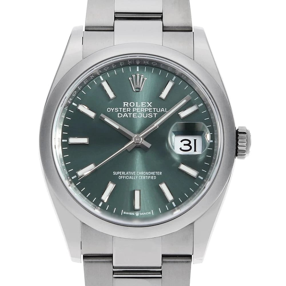 ROLEX DATEJUST MINT GREEN OYSTER BRACELET WATCH: ROLEX DATEJUST Mint green Oyster bracelet Watch Brand: ROLEX Type: Wrist watch Material: Band Material Stainless Steel, Case Material Stainless Steel Color: Dial Color Mint Green Size: Band