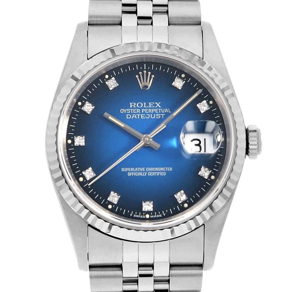 ROLEX DATEJUST DIAMOND BLUE GRADATION WATCH: ROLEX Datejust Diamond blue Gradation Watch Brand: ROLEX Type: Wrist watch Material: Band Material Stainless Steel, Case Material Stainless Steel/White gold Color: Dial Color Blue Size: Band
