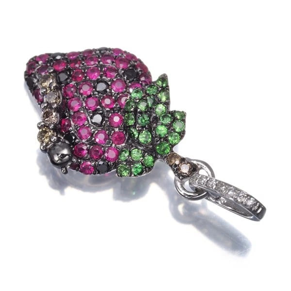 RUBY DIAMOND GREEN GARNET STRAWBERRY PENDANT - 2