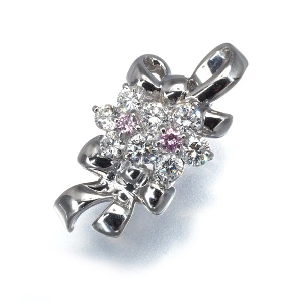 PINK &CLEAR DIAMOND FLOWER RIBBON PENDANT 900 PLATINUM: Pink &Clear Diamond Flower Ribbon Pendant 900 Platinum Brand: Unbranded Type: Pendant Material: 900 / Platinum Main Stone/Creation Natural Color: None Size: Design size: 19.6 x 9.8mm Bail inner di