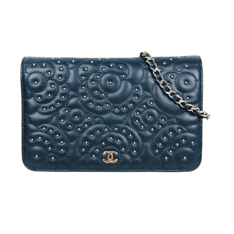 CHANEL CAMELLIA CHAIN WALLET SHOULDER BAG: CHANEL Camellia Chain wallet Shoulder Bag Brand: CHANEL Type: Shoulder Bag Material: Exterior Material lambskin Color: Exterior Color Navy SilverHardware Size: W7.5 x H3.9x D1.4inch