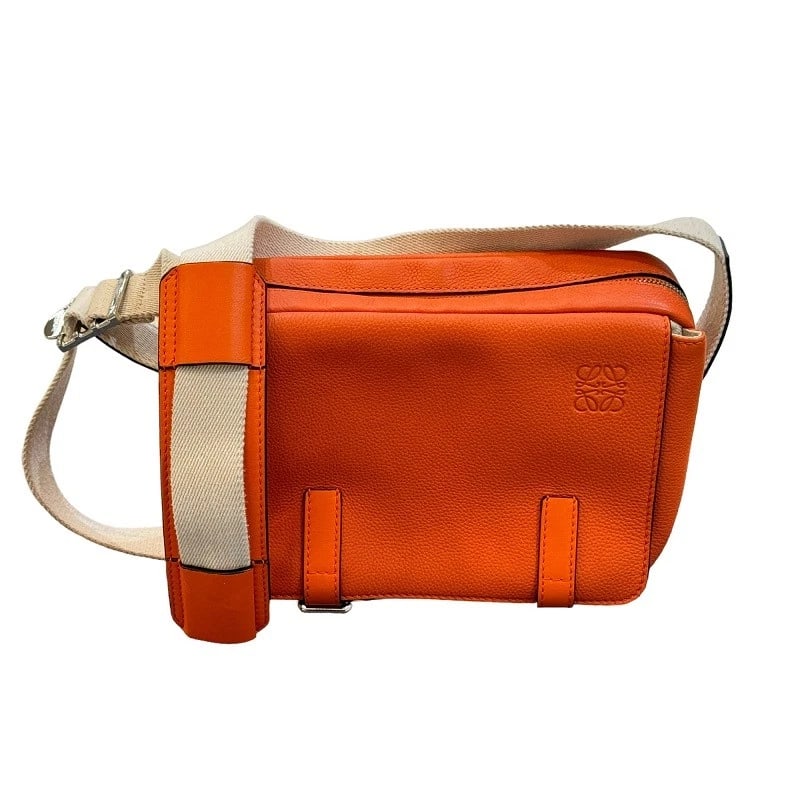 LOEWE MILITARY MESSENGER SHOULDER BAG: LOEWE Military Messenger Shoulder Bag Brand: LOEWE Type: Shoulder Bag Material: Calfskin Color: Orange Size: W10.2 x H6.3x D3.9inch Shoulder:31.5inch Accessories: None Accessories Notice: