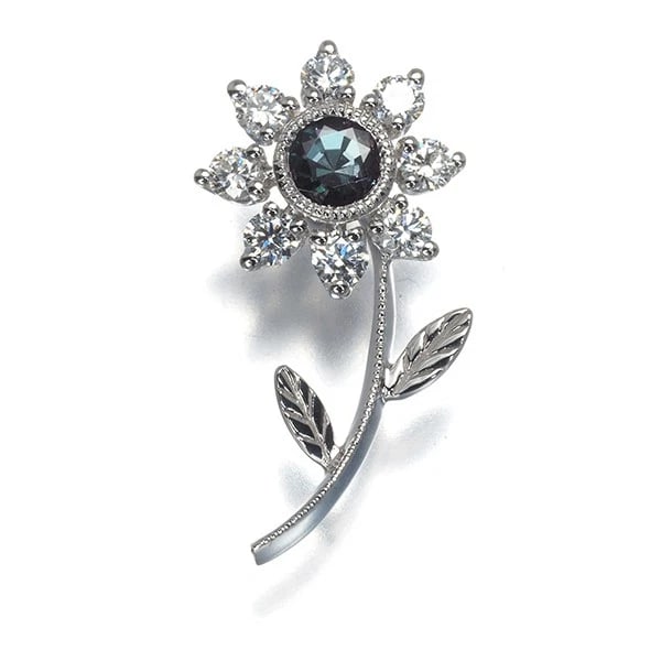 MIKIMOTO BROOCH ALEXANDRITE DIAMOND FLOWER PIN 18K WG (1 of 2)