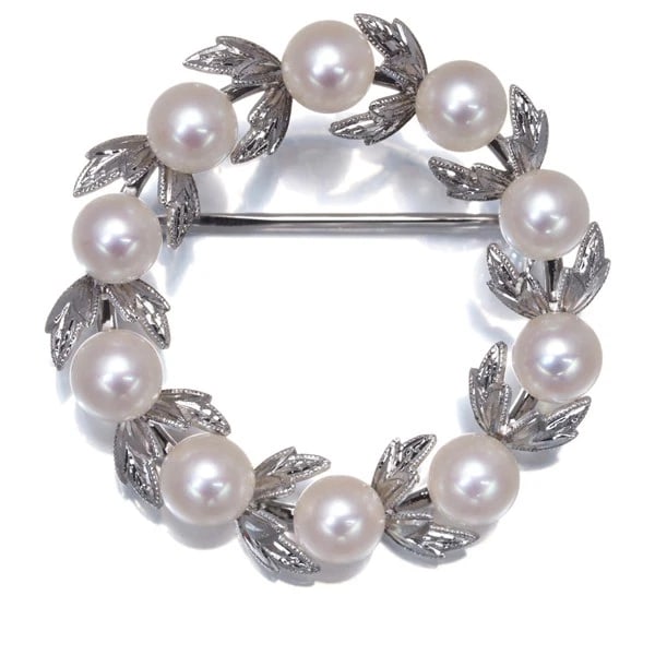 MIKIMOTO BROOCH AKOYA PEARL LEAF WREATH CIRCLE SILVER (1 of 2)