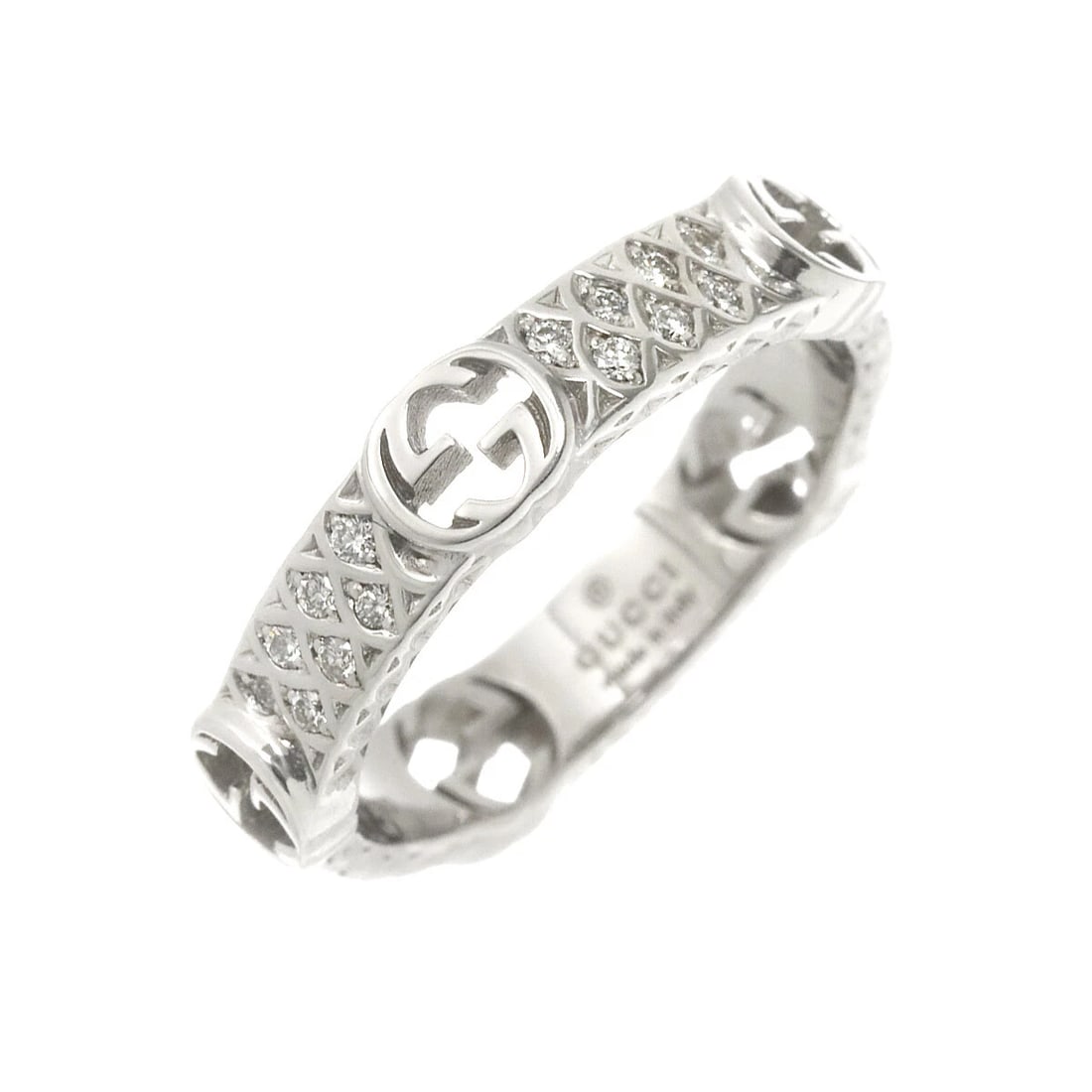 GUCCI LOGO DIAMOND RING 18K WG WHITE GOLD 750: GUCCI Logo Diamond Ring 18K WG White Gold 750 Brand: GUCCI Type: Ring Material: 18K White Gold Main Stone/Creation Natural Color: White Gold Size: 9/4.75-5(US) Accessories: None Accessories