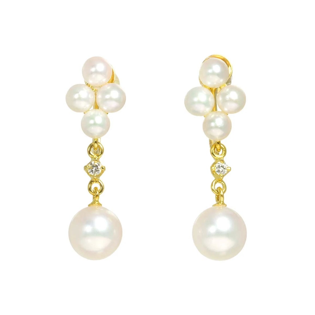 MIKIMOTO AKOYA PEARL DIAMOND EARRINGS: MIKIMOTO Akoya Pearl Diamond Earrings Brand: MIKIMOTO Type: Earrings Material: 18K Yellow Gold Main Stone/Creation Akoya Pearl Color: Yellow Gold Size: W7.3 x H24.5mm Accessories: None