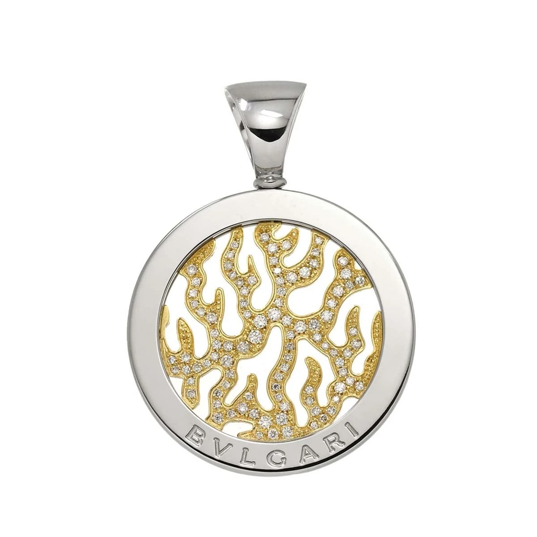 BVLGARI TONDO FIRE DIAMOND PENDANT TOP 18K YG 750: BVLGARI Tondo Fire Diamond Pendant Top 18K YG 750 Brand: BVLGARI Type: Pendant Material: 18K Yellow Gold Main Stone/Creation Natural Color: Yellow Gold Size: W31.2xH43.4mm(full length) Thickness:2