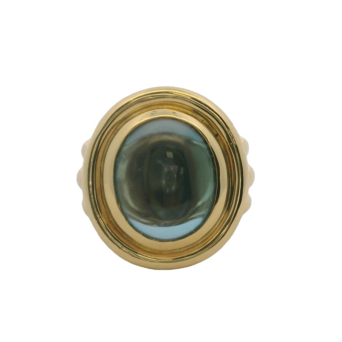 VINTAGE SOLID 18KT YELLOW GOLD AND CABOCHON BLUE TOPAZ COCKTAIL RING: Vintage Solid 18kt Yellow Gold and Cabochon Blue Topaz Cocktail Ring Brand: Unbranded Type: Ring Material: Yellow Gold 18k Color: Yellow Size: 5.5 US Accessories: None Accessories Notice:
