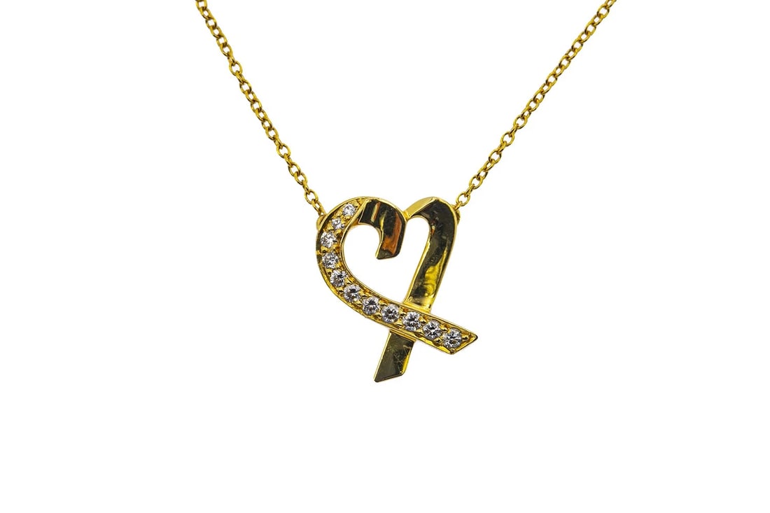 TIFFANY & CO PALOMA PICASSO DIAMOND LOVING HEART NECKLACE: Tiffany & Co Paloma Picasso Diamond Loving Heart Necklace Brand: Tiffany & Co. Type: Necklace Material: Yellow Gold 18k Main Stone/Creation Natural Color: Yellow Size: Length - 16.5" Width -