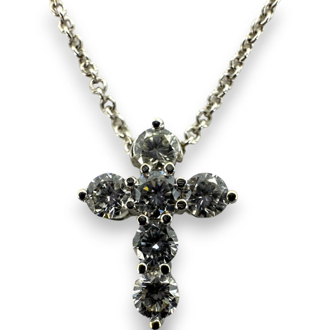 DEV VALENCIA DIAMOND CROSS PENDANT NECKLACE: Dev Valencia Diamond Cross Pendant Necklace Brand: Dev Valencia Type: Necklace Material: White Gold 18k Color: White Size: Length - 16" Pendant Measuments - 0.45" x 0.35" Accessories: None