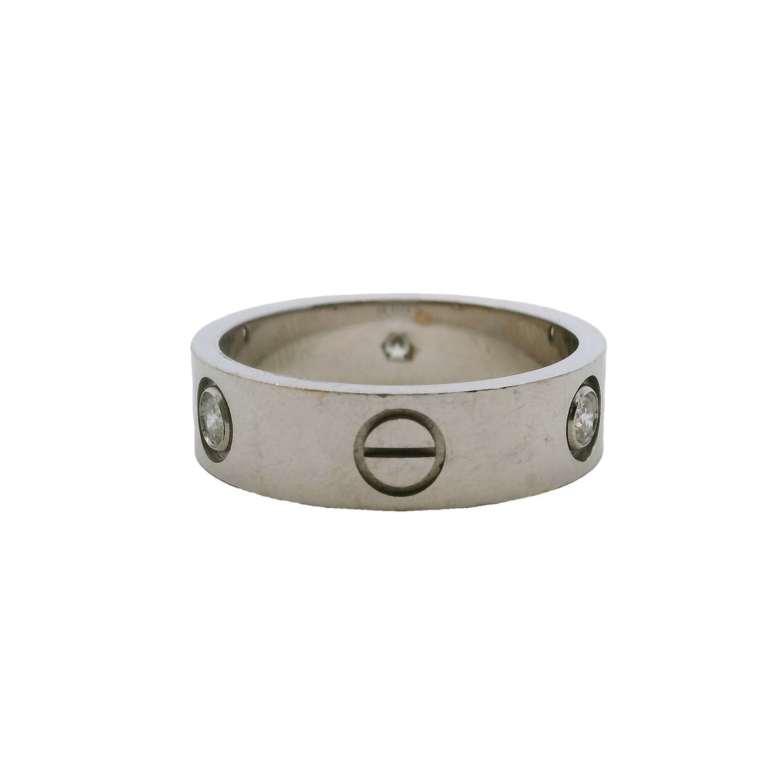 CARTIER 18KT WHITE GOLD CLASSIC MODEL LOVE RING: Cartier 18kt White Gold Classic Model Love Ring Brand: Cartier Type: Ring Material: White Gold 18k Main Stone/Creation Natural Color: White Size: 9.5 US Accessories: None Accessories Notice: