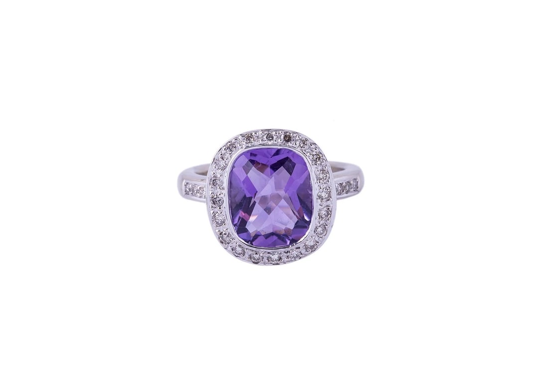 CUSHION CUT AMETHYST COCKTAIL RING DIAMOND HALO 14KT WHITE GOLD (1 of 4)