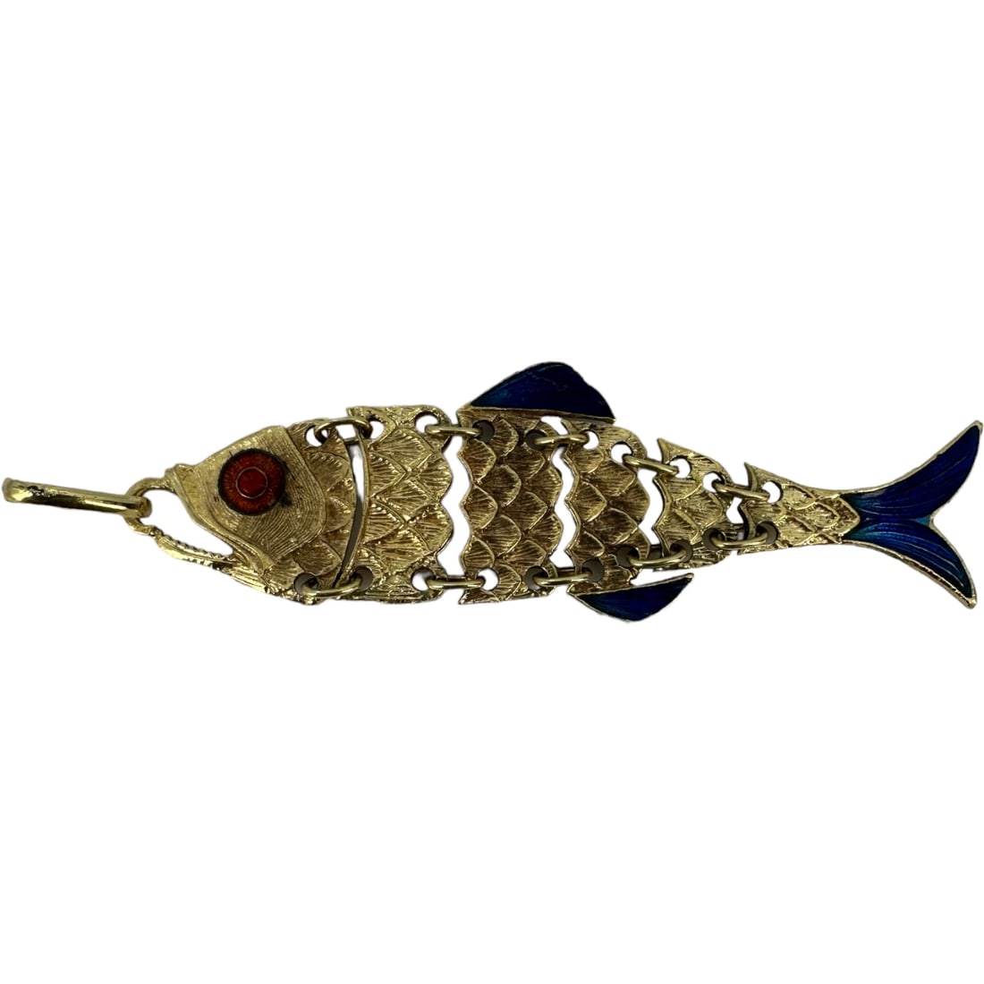 VINTAGE ARTICULATING ENAMELED FISH 14K PENDANT: Vintage Articulating Enameled Fish 14k Pendant Brand: Unbranded Type: Charm Material: Yellow Gold 14k Color: Yellow Size: Length x Width - 2.50" x 0.75" Accessories: None Accessories Notic