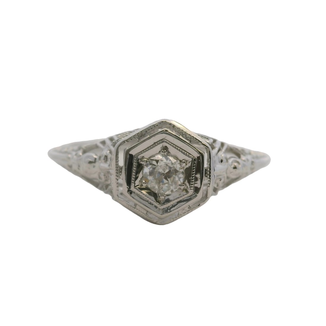 ANTIQUE 1920S DECO 18KT WHITE GOLD FILIGREE HEXAGON RING: Antique 1920s Deco 18kt White Gold Filigree Hexagon Ring Brand: Unbranded Type: Ring Material: White Gold 18k Main Stone/Creation Natural Color: White Size: 9 US Accessories: None Accessor