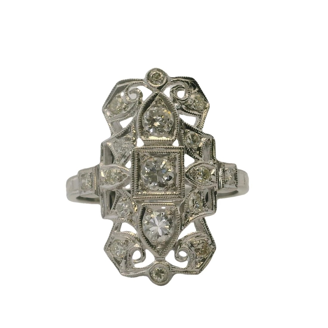 ANTIQUE 14KT WHITE GOLD DIAMOND FILIGREE DINNER RING (1 of 6)