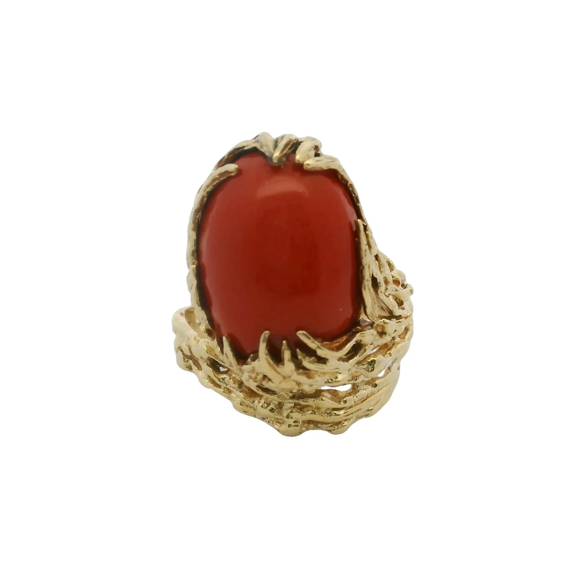 BRUTALIST 18KT YELLOW GOLD RED CORAL TEXTURED COCKTAIL: Brutalist 18kt Yellow Gold Red Coral Textured Cocktail Brand: Unbranded Type: Ring Material: Yellow Gold 18k Main Stone/Creation Natural Color: Yellow Size: 6 US Accessories: None Accessor