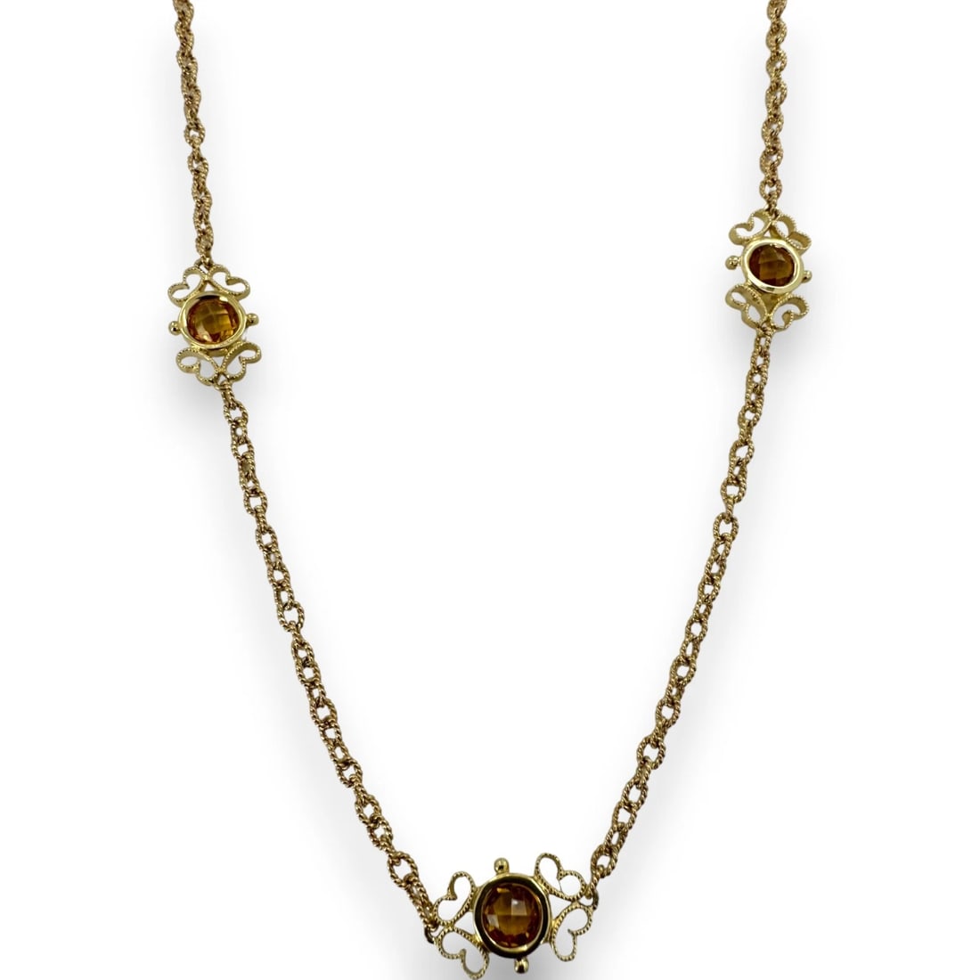 GABRIEL & CO 14KT YELLOW GOLD STATION CITRINE NECKLACE: Gabriel & CO 14kt Yellow Gold Station Citrine Necklace Brand: Gabriel & Co Type: Necklace Material: Yellow Gold 14k Color: Yellow Size: Length - 36" Width - 9mm Accessories: None Accessories