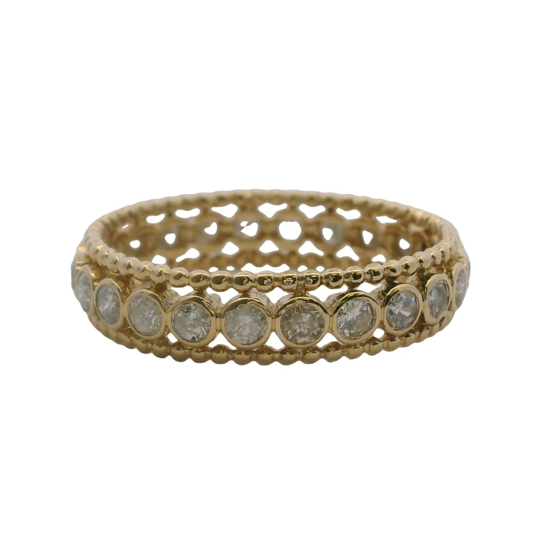 ROSS SIMMONS BEZEL SET DIAMOND ETERNITY BAND RING: Ross Simmons Bezel Set Diamond Eternity Band Ring Brand: Ross Simmons Type: Ring Material: Yellow Gold 14k Main Stone/Creation Natural Color: Yellow Size: 9 US Accessories: None Accessories