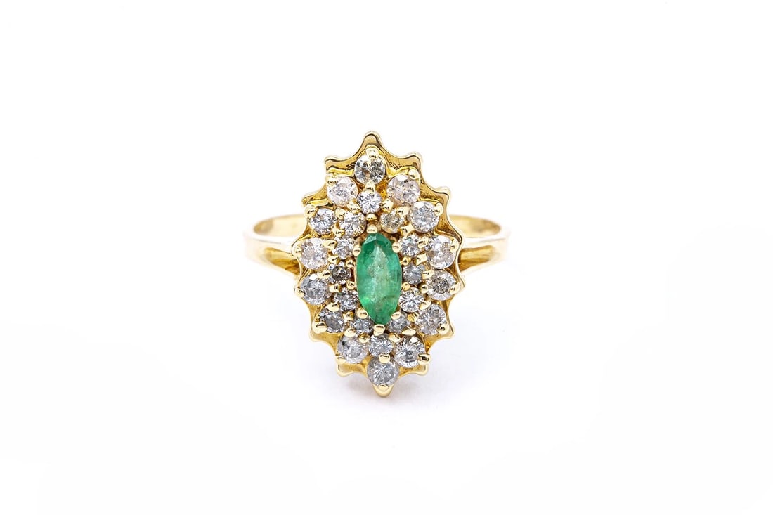 NATURAL EMERALD & DIAMOND HALO CLUSTER COCKTAIL 14K YELLOW GOLD RING: Natural Emerald & Diamond Halo Cluster Cocktail 14K Yellow Gold Ring Brand: TGC - Carla Corp | Nancy B Type: Ring Material: Yellow Gold 14k Main Stone/Creation Natural Color: Yellow Size: 7 US
