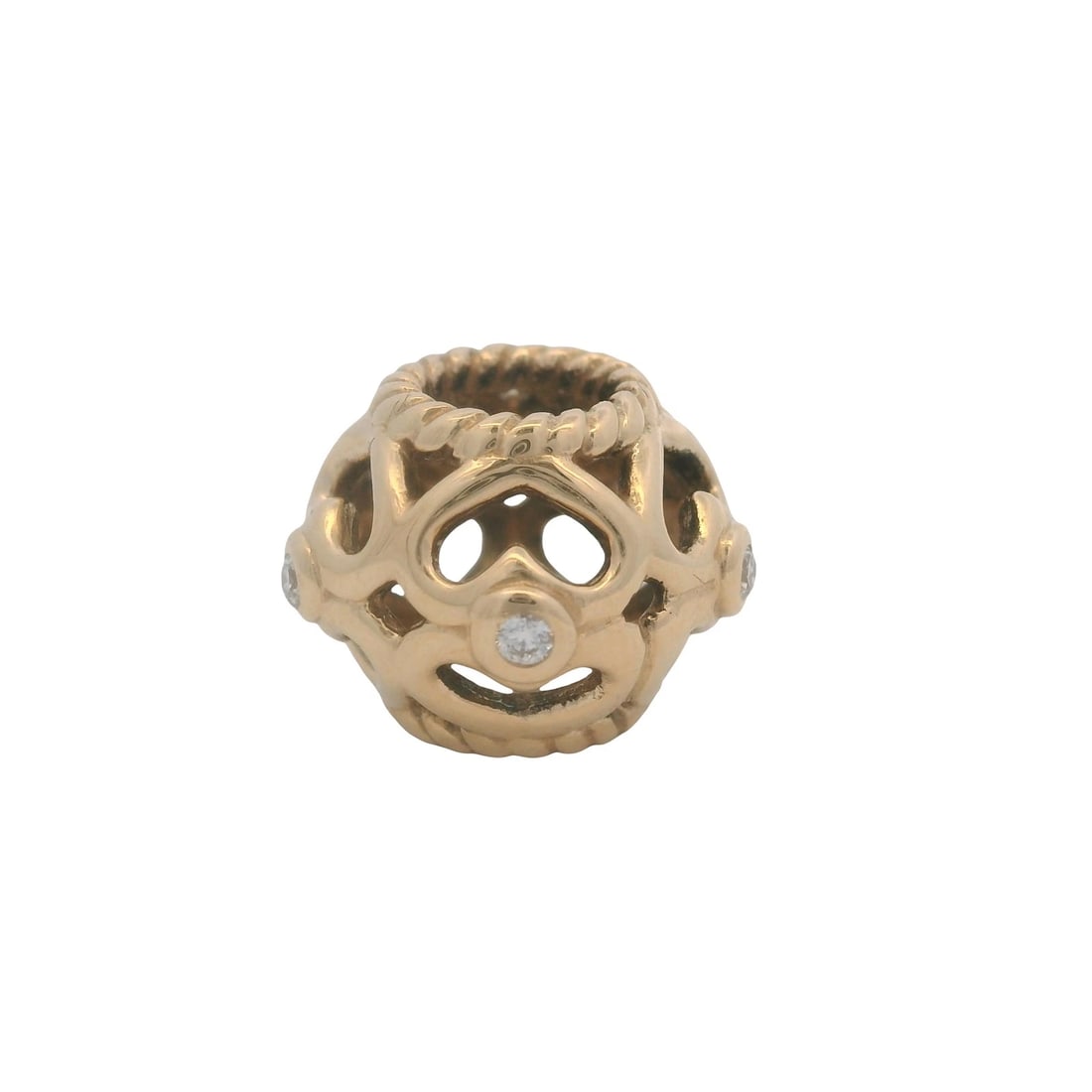 PANDORA RETIRED 14KT YELLOW GOLD DIAMOND HEARTS BEAD SPACER CHARM: Pandora Retired 14kt Yellow Gold Diamond Hearts Bead Spacer Charm Brand: Pandora Type: Charm Material: Yellow Gold 14k Main Stone/Creation Natural Color: Yellow Size: Length x Width - 0.5x0.4"