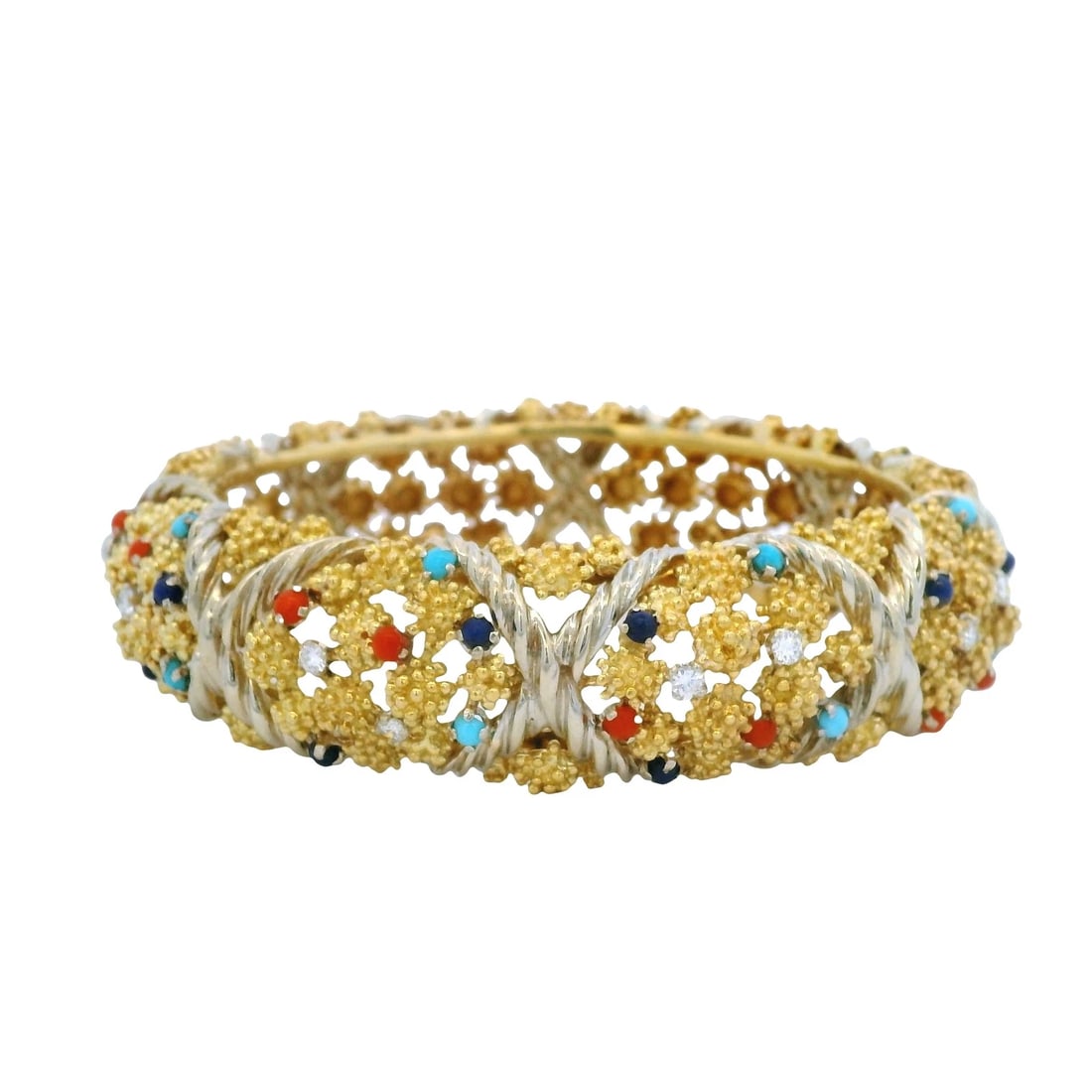 VINTAGE 18KT YELLOW GOLD DIAMOND CORAL LAPIS TURQUOISE COCKTAIL BRACELET (1 of 6)