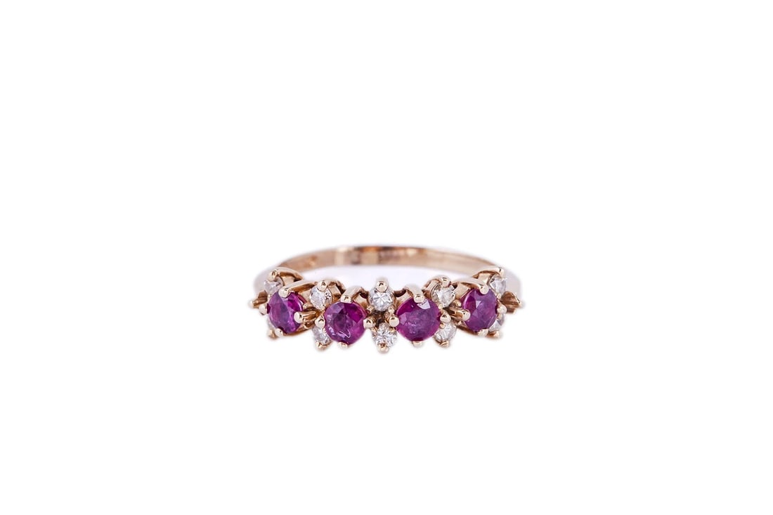 NATURAL PINK RUBY & DIAMOND ACCENT BAND 14K YELLOW GOLD RING: Natural Pink Ruby & Diamond Accent Band 14K Yellow Gold Ring Brand: Unbranded Type: Ring Material: Yellow Gold 14k Color: none Size: 6.5 US Accessories: None Accessories Notice: When purch