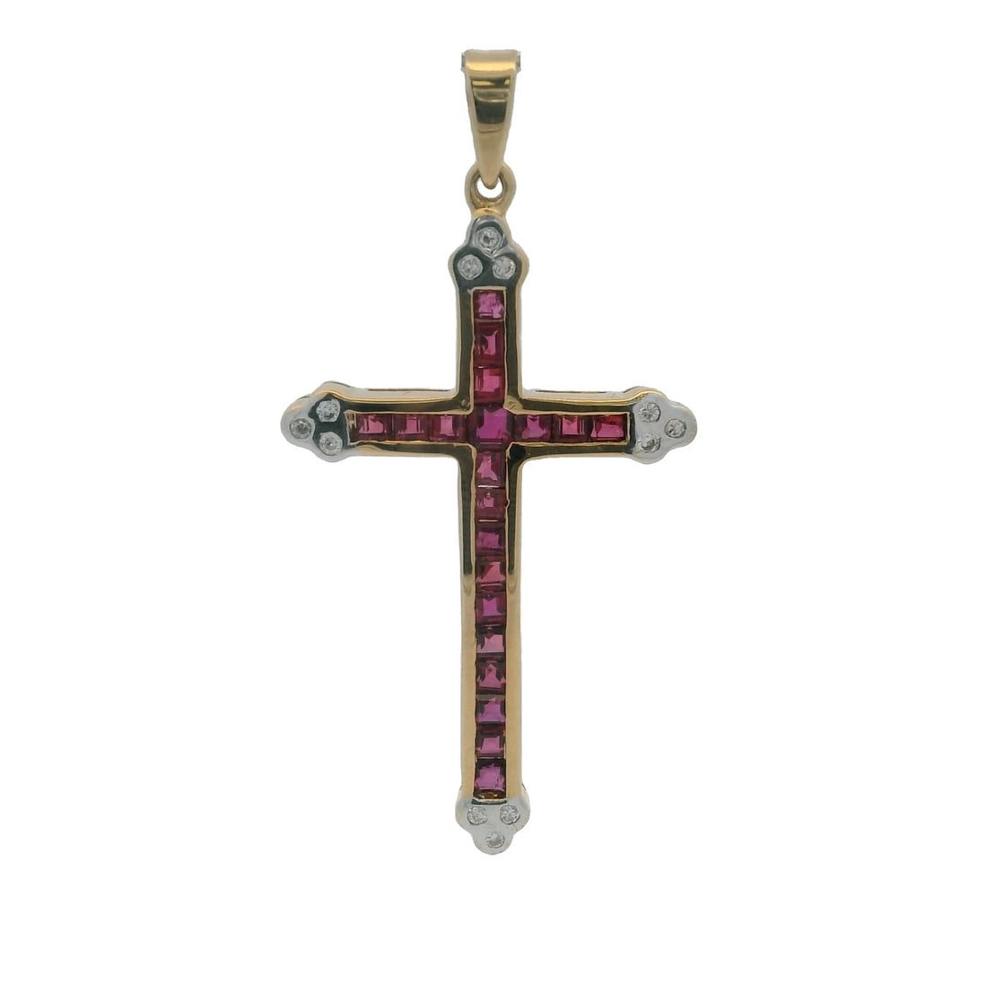 NATURAL RUBY LONG CROSS PENDANT DIAMOND 18KT YELLOW GOLD (1 of 4)