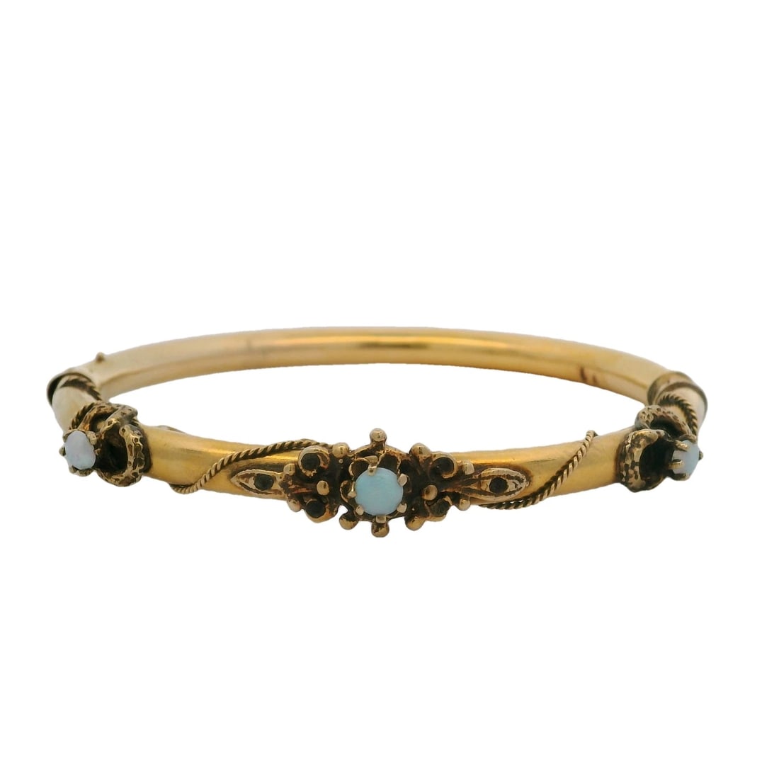 ANTIQUE VICTORIAN 14KT YG CABOCHON OPAL ROPE BANGLE BRACELET: Antique Victorian 14kt YG Cabochon Opal Rope Bangle Bracelet Brand: Unbranded Type: Bracelet Material: Yellow Gold 14k Color: Yellow Size: Length - 6.5" Width - 9.4mm Accessories: None Acc