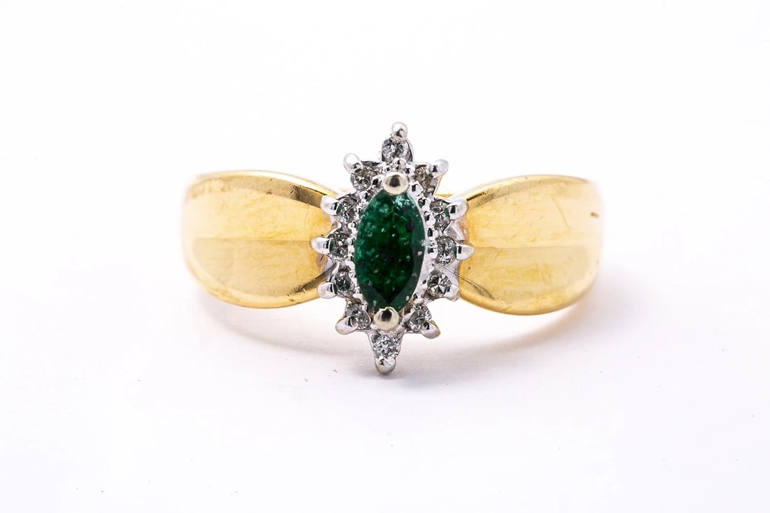 DIAMOND HALO MARQUISE EMERALD BAND RING (1 of 4)