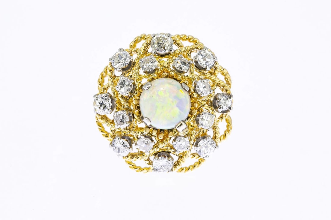 OPAL & DIAMOND CLUSTER 14K YELLOW GOLD ROPE COCKTAIL RING (1 of 4)